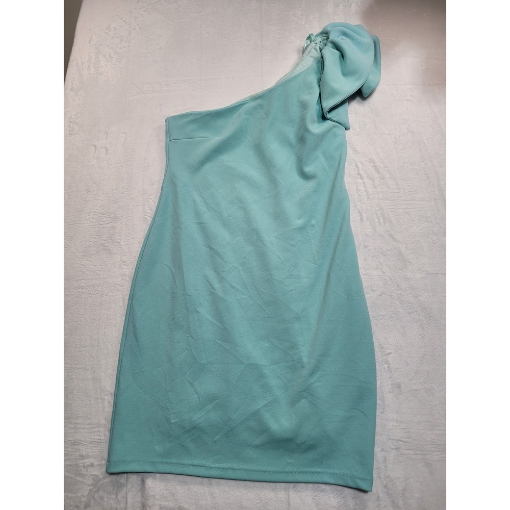 NWT SHE + SKY One Shoulder Dress Womens L Aqua Ruffle Mini Cocktail